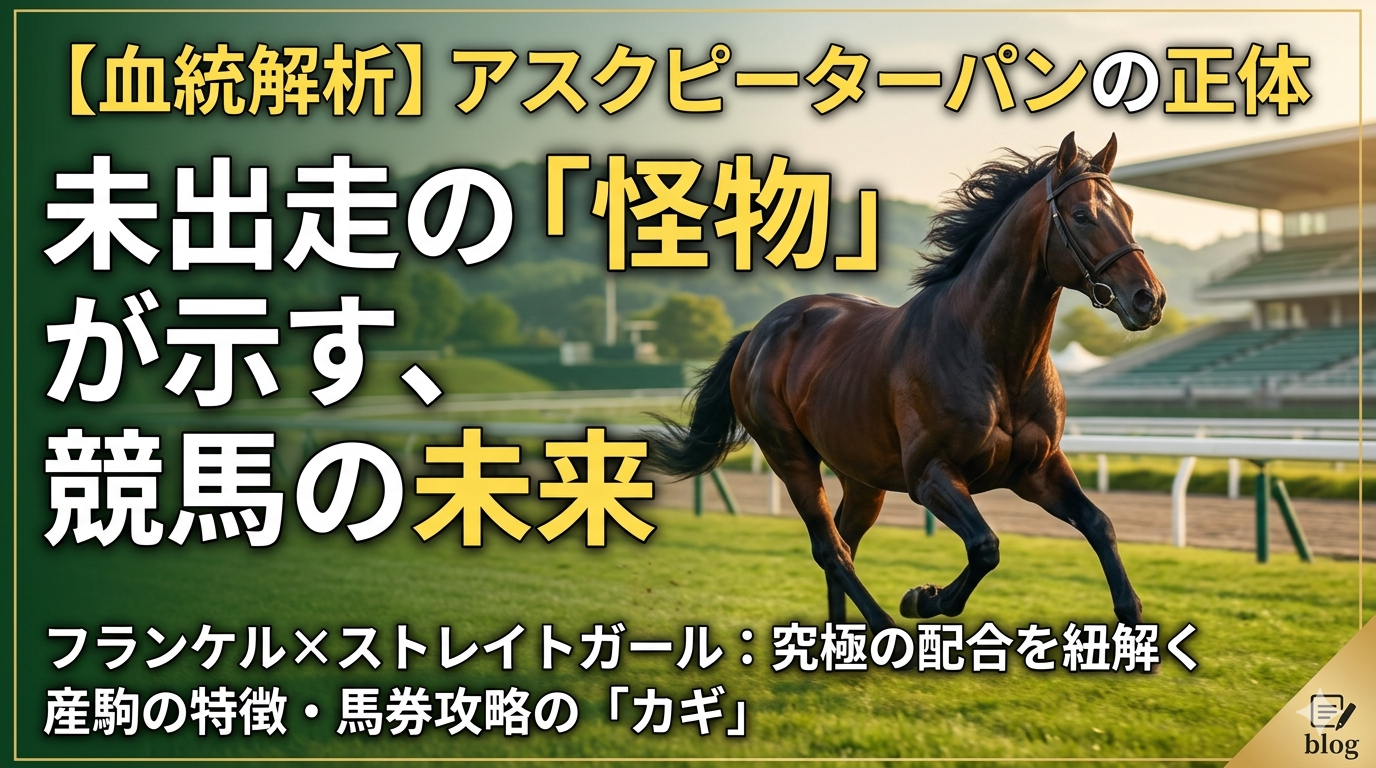 アスクピーターパンの血統解析と産駒特徴を解説するブログ用アイキャッチ画像。芝コースを疾走するサラブレッドの背景に「未出走の怪物が示す、競馬の未来」のテキスト。