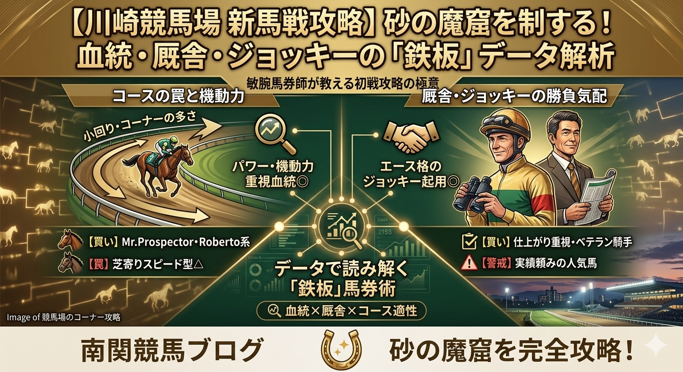川崎競馬場の新馬戦の攻略術！強い厩舎、ジョッキー、血統とは？というブログ記事のアイキャッチ画像
