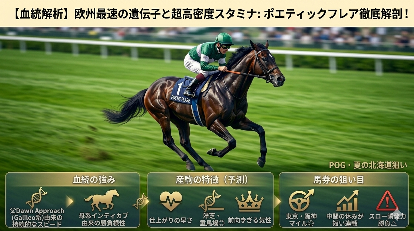 ポエティックフレアの血統解説と産駒特徴の予測、馬券の狙い目をまとめたブログのアイキャッチ画像。緑の勝負服を着た騎手が乗る栗毛の競走馬が芝コースを激走しているイラスト。