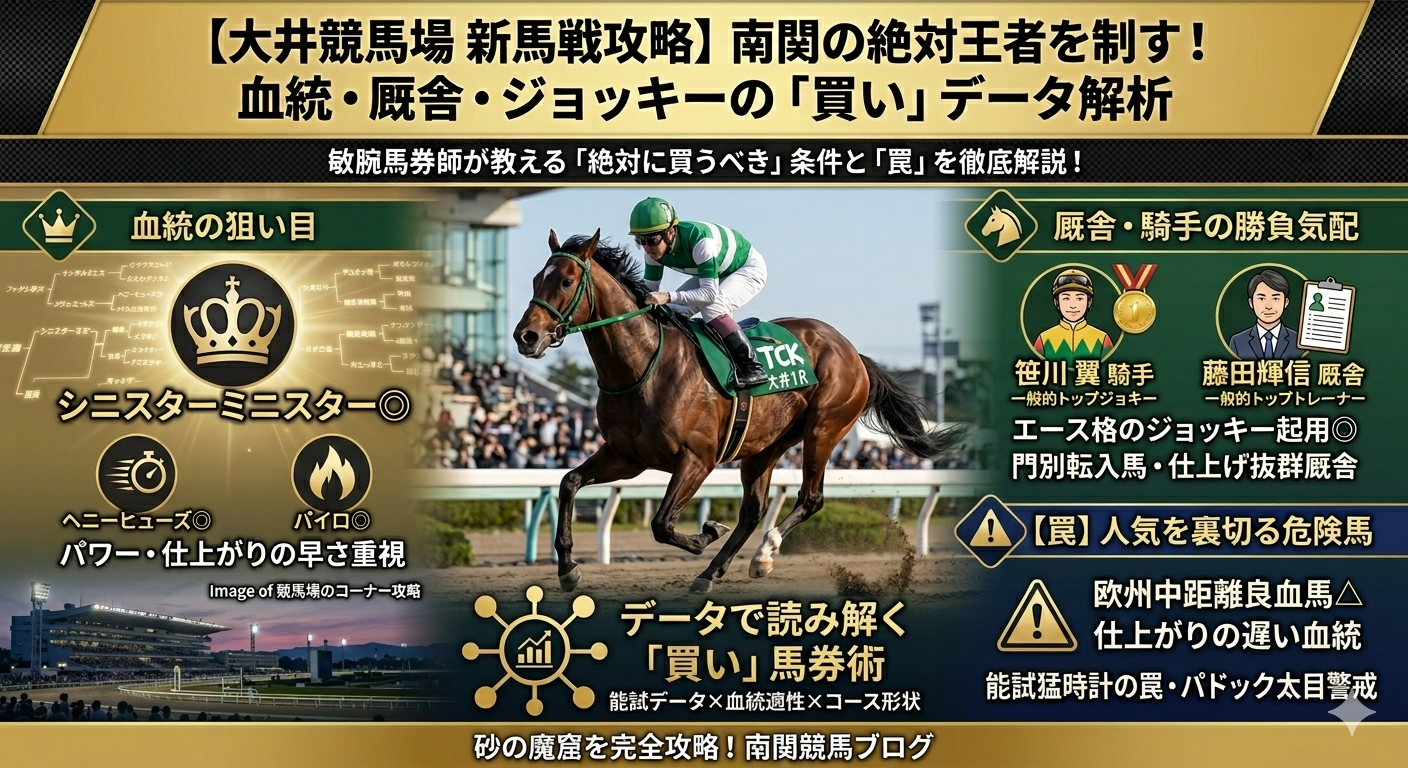 大井競馬の新馬戦に強い血統、厩舎などの傾向記事のアイキャッチ画像